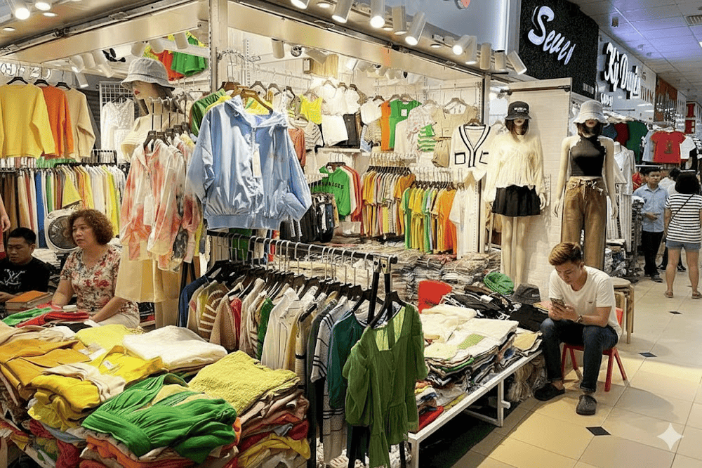 Racks of modern blouses and office wear hanging neatly under fluorescent lights